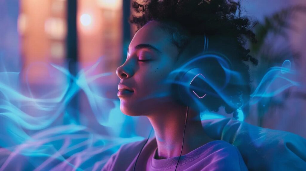 in a serene, modern wellness studio adorned in soft teal and lavender tones, a young adult sits comfortably with eyes closed, wearing wireless headphones, as ethereal, translucent sound-wave graphics ripple around their head, symbolizing focus and balance while emphasizing the significance of standard medical interventions for adult adhd.