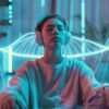 in a serene wellness studio adorned in soft teal and lavender tones, a young adult sits in a relaxed position with wireless headphones, eyes gently closed as vibrant, translucent sound-wave graphics ripple around their head, symbolizing focus and balance amidst a bright, clean atmosphere.