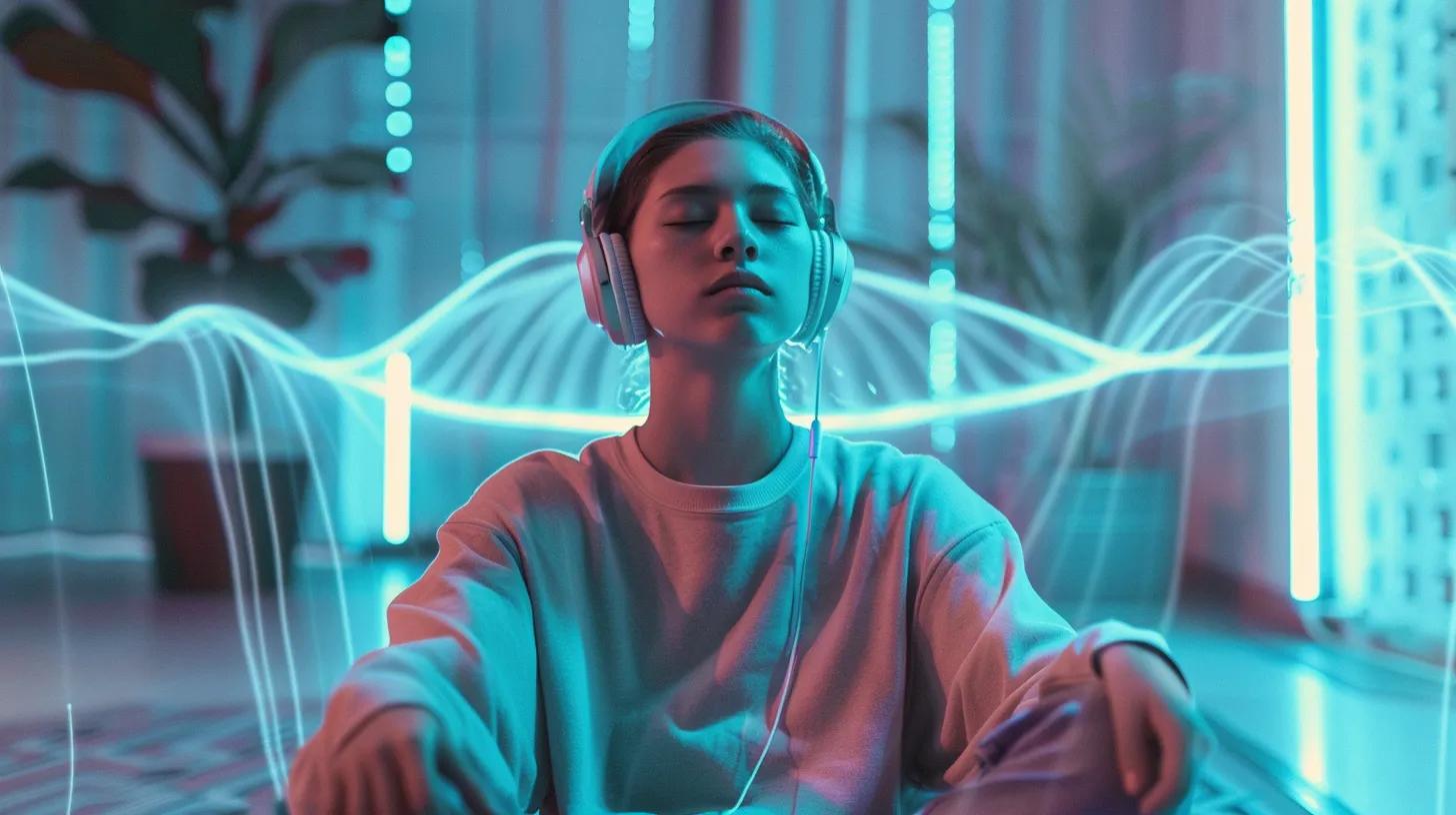 in a serene wellness studio adorned in soft teal and lavender tones, a young adult sits in a relaxed position with wireless headphones, eyes gently closed as vibrant, translucent sound-wave graphics ripple around their head, symbolizing focus and balance amidst a bright, clean atmosphere.