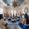 a serene indoor sound therapy workshop setting features calming blue and white decor, with participants seated on comfortable cushions, focused on a therapist demonstrating the healing effects of sound with a variety of traditional instruments.